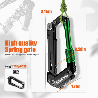 Carabiner Multitool 8-in-1 EDC Carabiners Pocket Knife for Camping, Black | Gifts for Men, Folding Serrated Knife, Bottle Opener, Rope Cutter, Screwdriver, Ruler, Survival Gear for Hiking Packs Carry