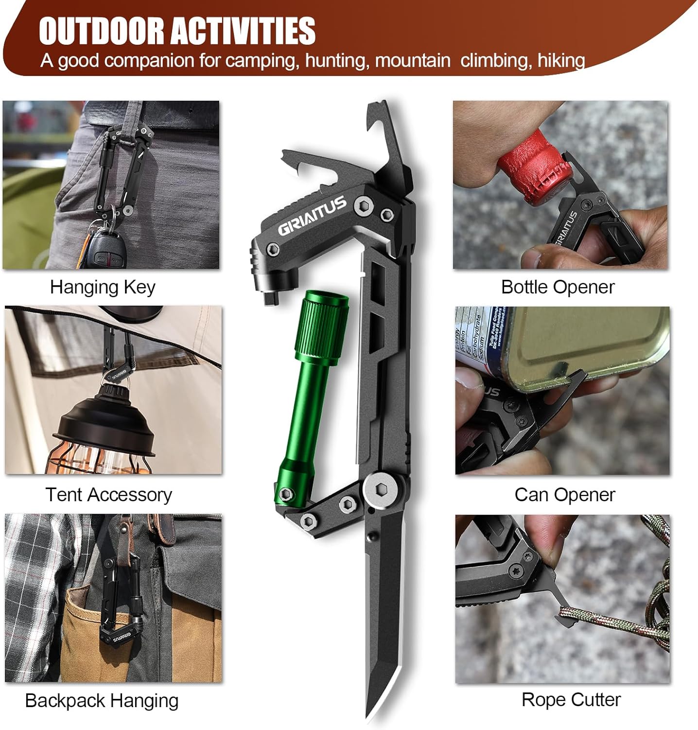 Carabiner Multitool 8-in-1 EDC Carabiners Pocket Knife for Camping, Black | Gifts for Men, Folding Serrated Knife, Bottle Opener, Rope Cutter, Screwdriver, Ruler, Survival Gear for Hiking Packs Carry