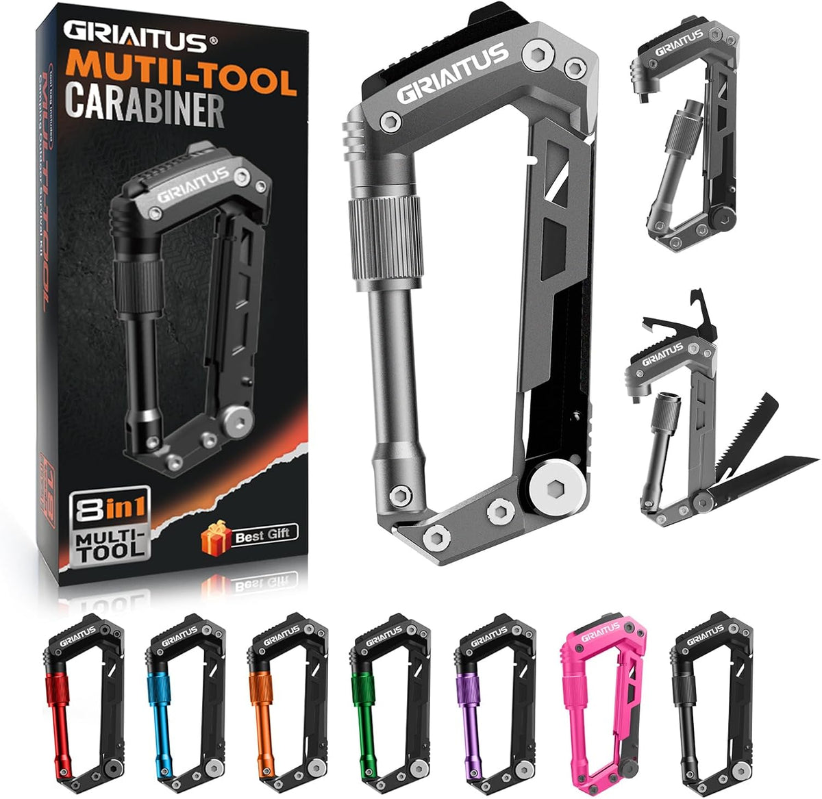 Carabiner Multitool 8-in-1 EDC Carabiners Pocket Knife for Camping, Black | Gifts for Men, Folding Serrated Knife, Bottle Opener, Rope Cutter, Screwdriver, Ruler, Survival Gear for Hiking Packs Carry