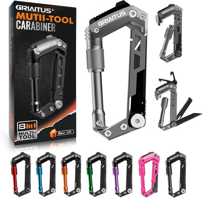 Carabiner Multitool 8-in-1 EDC Carabiners Pocket Knife for Camping, Black | Gifts for Men, Folding Serrated Knife, Bottle Opener, Rope Cutter, Screwdriver, Ruler, Survival Gear for Hiking Packs Carry