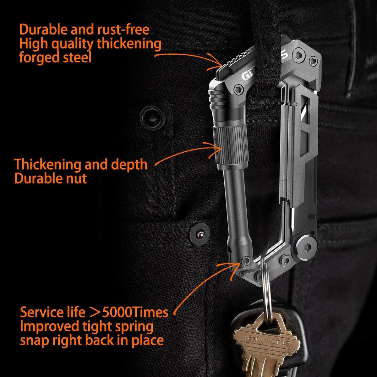 Carabiner Multitool 8-in-1 EDC Carabiners Pocket Knife for Camping, Black | Gifts for Men, Folding Serrated Knife, Bottle Opener, Rope Cutter, Screwdriver, Ruler, Survival Gear for Hiking Packs Carry