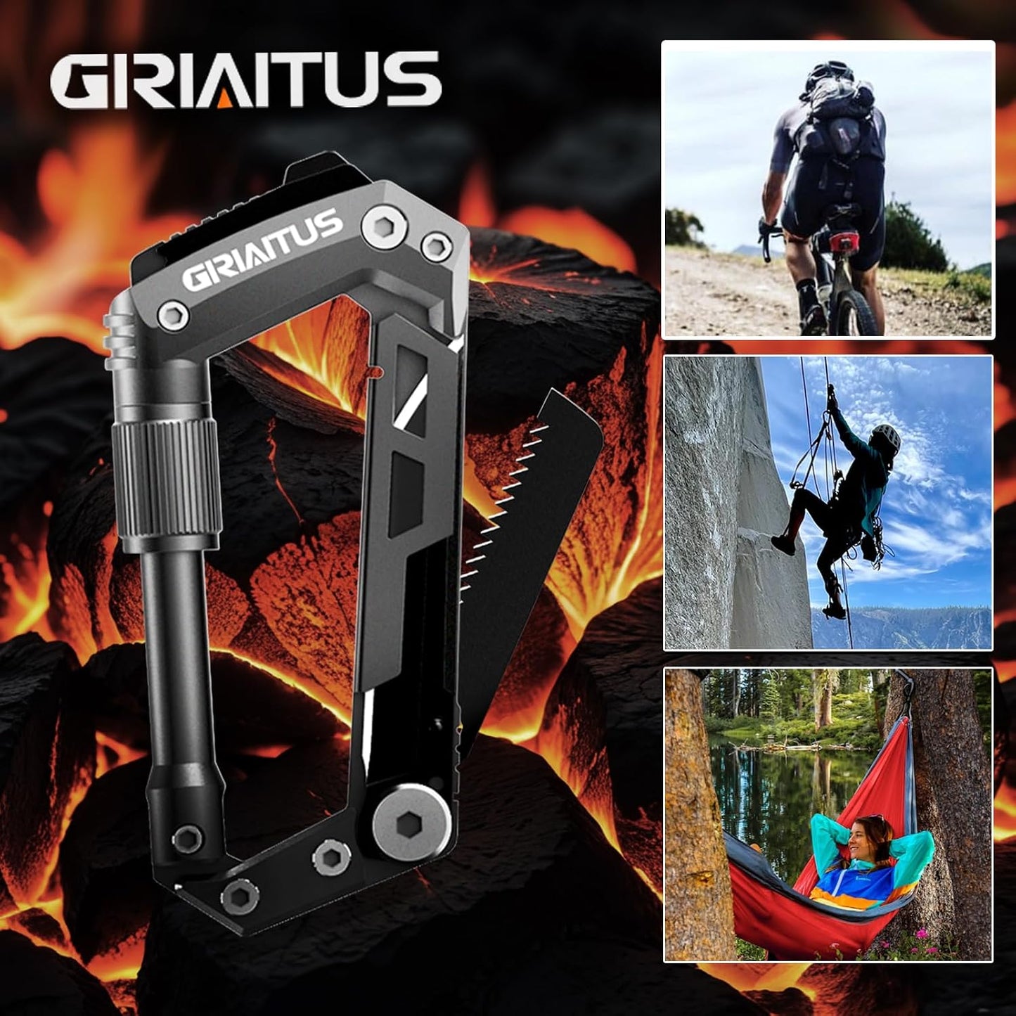 Carabiner Multitool 8-in-1 EDC Carabiners Pocket Knife for Camping, Black | Gifts for Men, Folding Serrated Knife, Bottle Opener, Rope Cutter, Screwdriver, Ruler, Survival Gear for Hiking Packs Carry