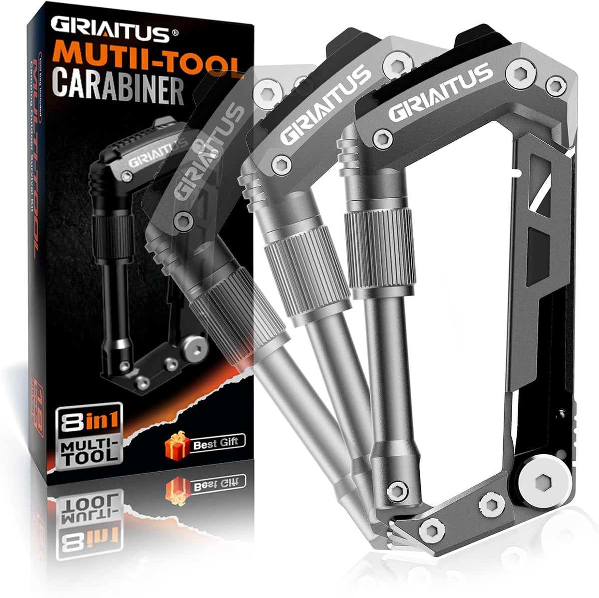 Carabiner Multitool 8-in-1 EDC Carabiners Pocket Knife for Camping, Black | Gifts for Men, Folding Serrated Knife, Bottle Opener, Rope Cutter, Screwdriver, Ruler, Survival Gear for Hiking Packs Carry
