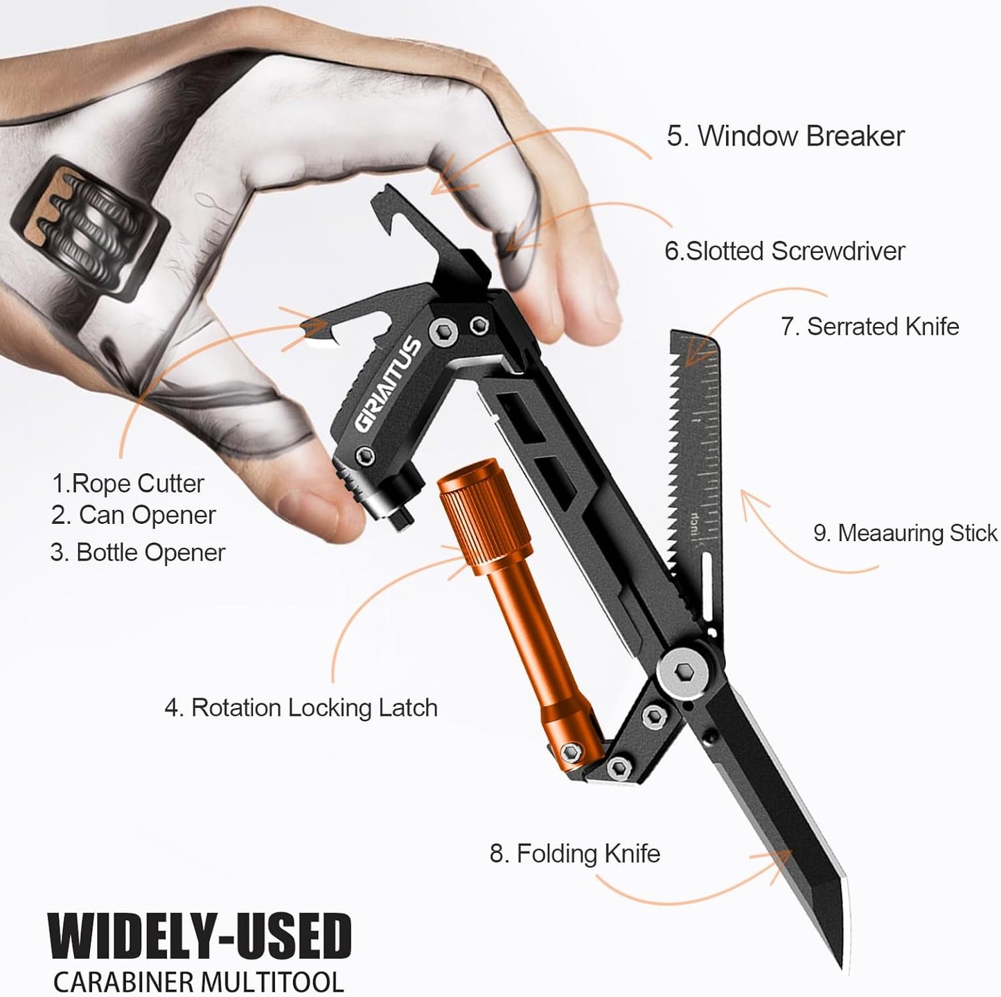 Carabiner Multitool 8-in-1 EDC Carabiners Pocket Knife for Camping, Black | Gifts for Men, Folding Serrated Knife, Bottle Opener, Rope Cutter, Screwdriver, Ruler, Survival Gear for Hiking Packs Carry