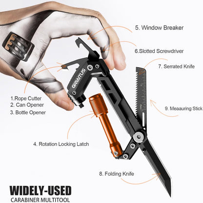 Carabiner Multitool 8-in-1 EDC Carabiners Pocket Knife for Camping, Black | Gifts for Men, Folding Serrated Knife, Bottle Opener, Rope Cutter, Screwdriver, Ruler, Survival Gear for Hiking Packs Carry
