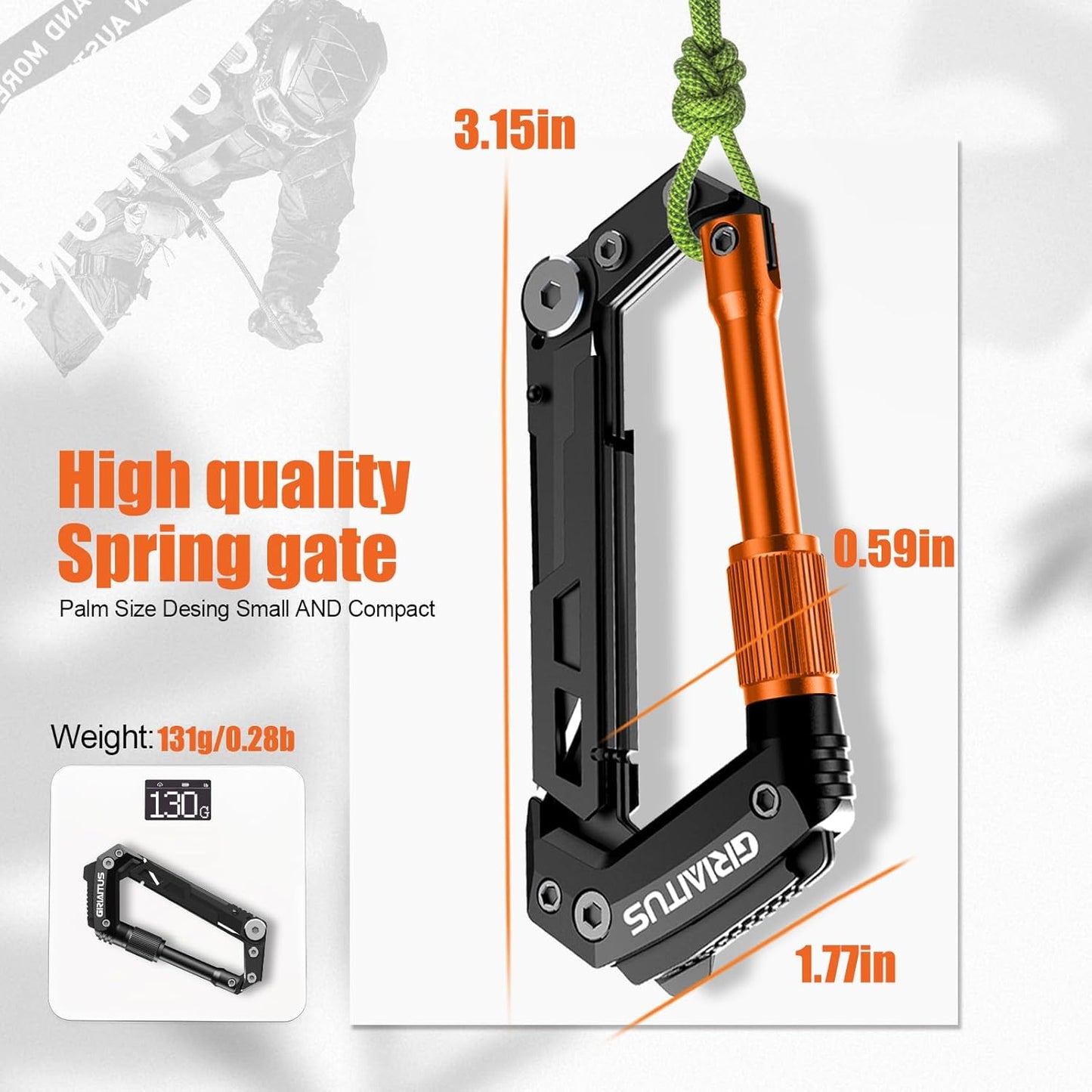 Carabiner Multitool 8-in-1 EDC Carabiners Pocket Knife for Camping, Black | Gifts for Men, Folding Serrated Knife, Bottle Opener, Rope Cutter, Screwdriver, Ruler, Survival Gear for Hiking Packs Carry