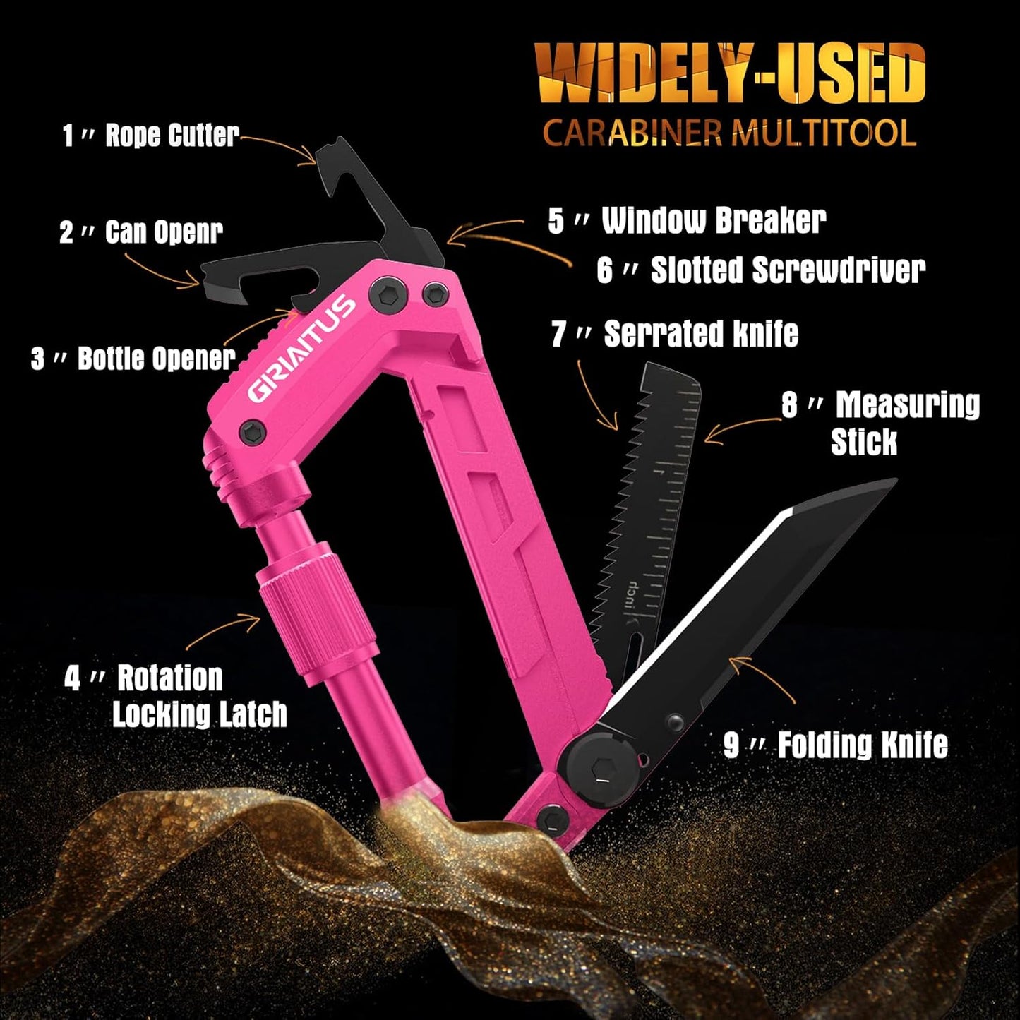 Carabiner Multitool 8-in-1 EDC Carabiners Pocket Knife for Camping, Black | Gifts for Men, Folding Serrated Knife, Bottle Opener, Rope Cutter, Screwdriver, Ruler, Survival Gear for Hiking Packs Carry