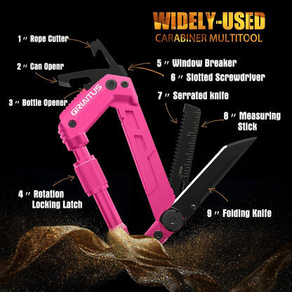 Carabiner Multitool 8-in-1 EDC Carabiners Pocket Knife for Camping, Black | Gifts for Men, Folding Serrated Knife, Bottle Opener, Rope Cutter, Screwdriver, Ruler, Survival Gear for Hiking Packs Carry