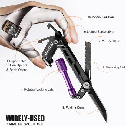 Carabiner Multitool 8-in-1 EDC Carabiners Pocket Knife for Camping, Black | Gifts for Men, Folding Serrated Knife, Bottle Opener, Rope Cutter, Screwdriver, Ruler, Survival Gear for Hiking Packs Carry
