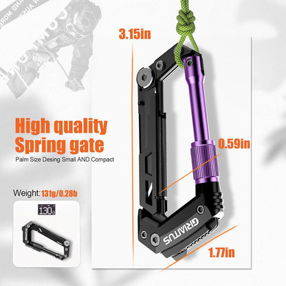Carabiner Multitool 8-in-1 EDC Carabiners Pocket Knife for Camping, Black | Gifts for Men, Folding Serrated Knife, Bottle Opener, Rope Cutter, Screwdriver, Ruler, Survival Gear for Hiking Packs Carry