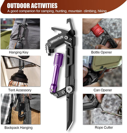 Carabiner Multitool 8-in-1 EDC Carabiners Pocket Knife for Camping, Black | Gifts for Men, Folding Serrated Knife, Bottle Opener, Rope Cutter, Screwdriver, Ruler, Survival Gear for Hiking Packs Carry