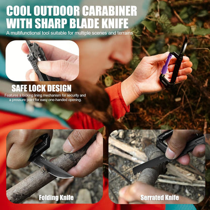 Carabiner Multitool 8-in-1 EDC Carabiners Pocket Knife for Camping, Black | Gifts for Men, Folding Serrated Knife, Bottle Opener, Rope Cutter, Screwdriver, Ruler, Survival Gear for Hiking Packs Carry