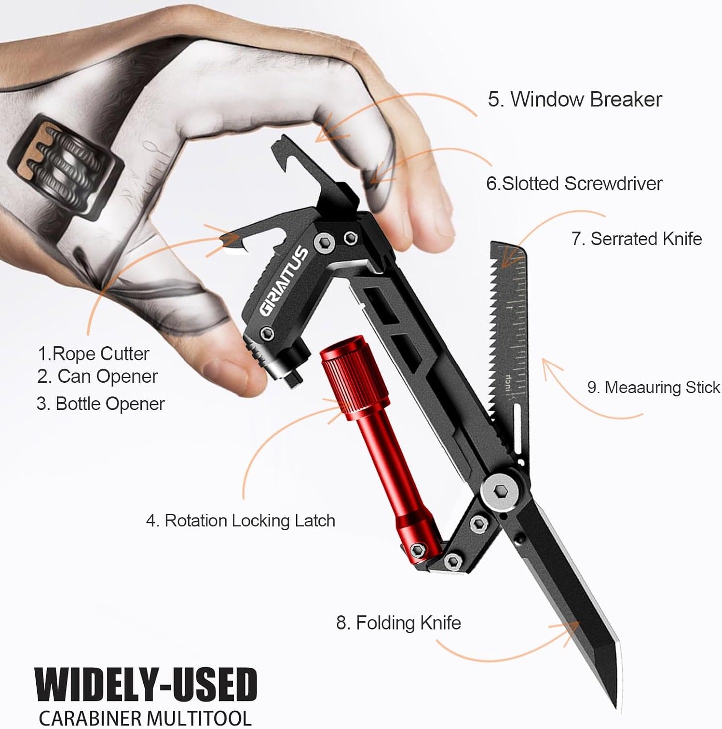 Carabiner Multitool 8-in-1 EDC Carabiners Pocket Knife for Camping, Black | Gifts for Men, Folding Serrated Knife, Bottle Opener, Rope Cutter, Screwdriver, Ruler, Survival Gear for Hiking Packs Carry