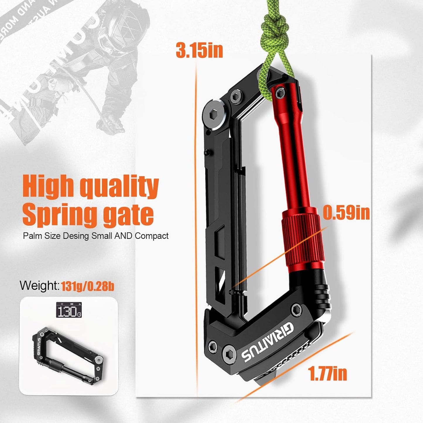 Carabiner Multitool 8-in-1 EDC Carabiners Pocket Knife for Camping, Black | Gifts for Men, Folding Serrated Knife, Bottle Opener, Rope Cutter, Screwdriver, Ruler, Survival Gear for Hiking Packs Carry
