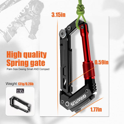 Carabiner Multitool 8-in-1 EDC Carabiners Pocket Knife for Camping, Black | Gifts for Men, Folding Serrated Knife, Bottle Opener, Rope Cutter, Screwdriver, Ruler, Survival Gear for Hiking Packs Carry