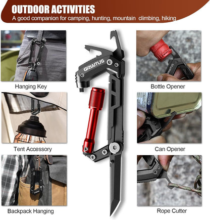 Carabiner Multitool 8-in-1 EDC Carabiners Pocket Knife for Camping, Black | Gifts for Men, Folding Serrated Knife, Bottle Opener, Rope Cutter, Screwdriver, Ruler, Survival Gear for Hiking Packs Carry