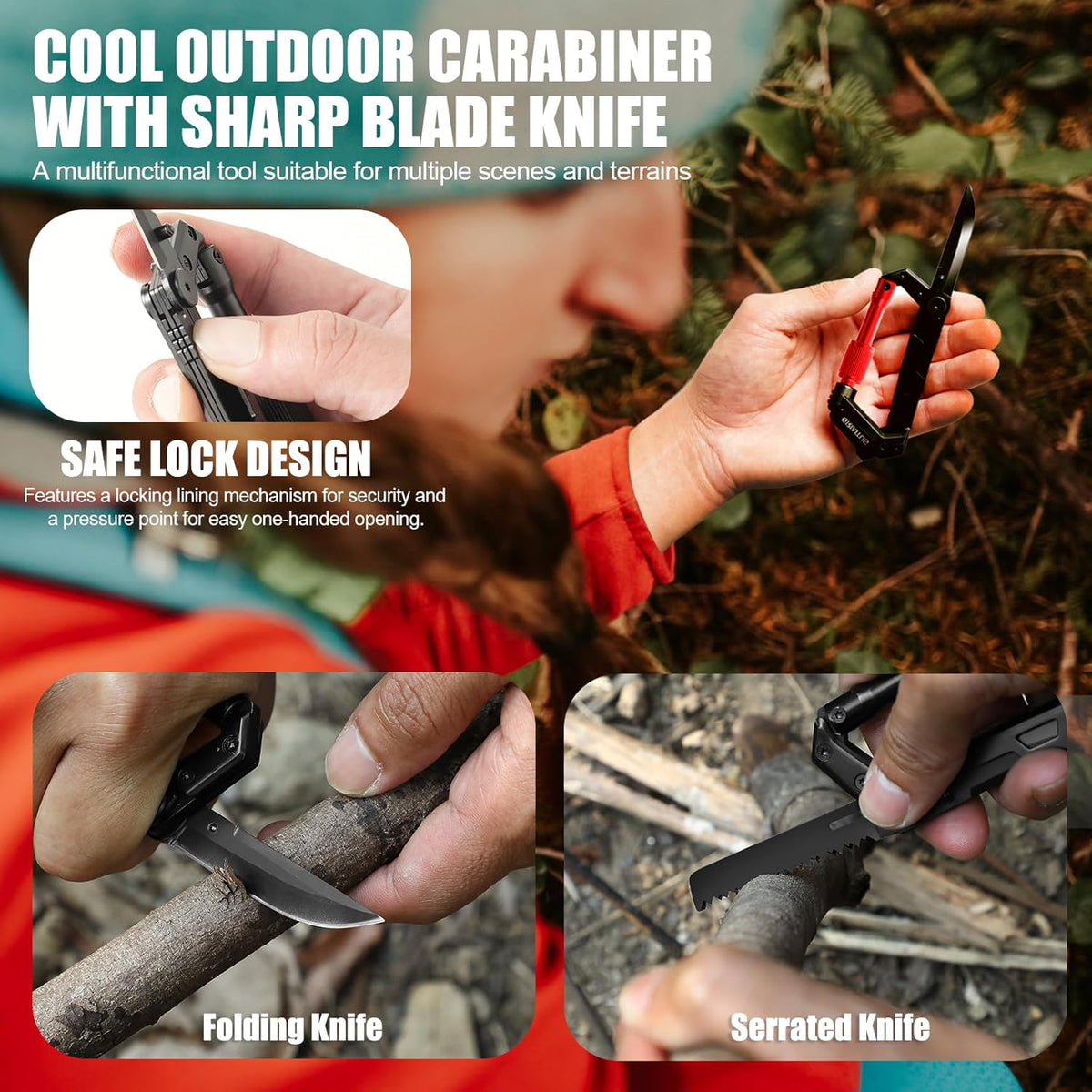Carabiner Multitool 8-in-1 EDC Carabiners Pocket Knife for Camping, Black | Gifts for Men, Folding Serrated Knife, Bottle Opener, Rope Cutter, Screwdriver, Ruler, Survival Gear for Hiking Packs Carry
