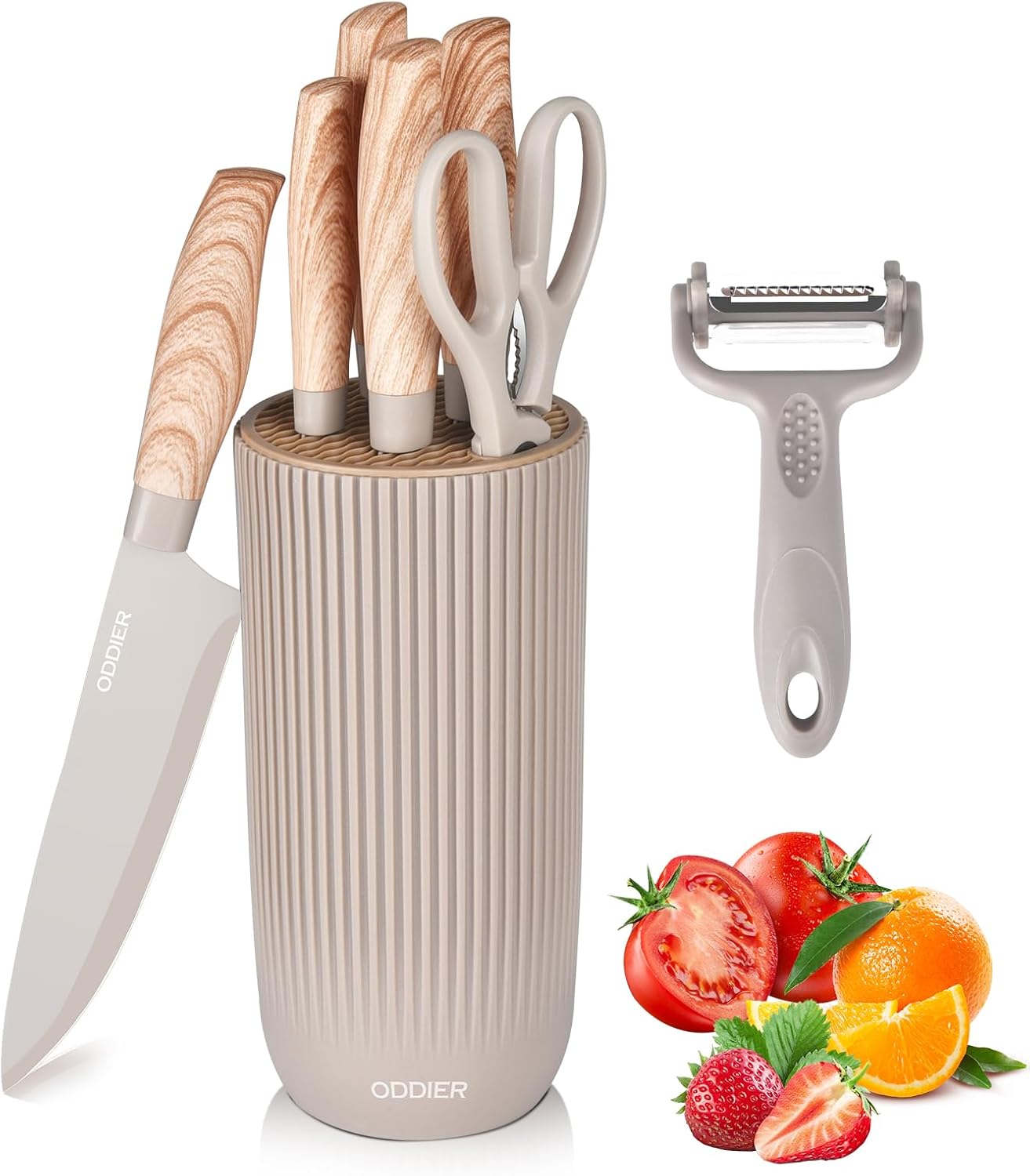 Knife Set, 8 Piece Kitchen Knife Set, Stainless Steel Knives Set for Kitchen, Universal Knife Block Set, Kitchen Kinfe Essentials, New Home Apartment Essentials, Dishwasher Safe (Khaki Wood-Grain)