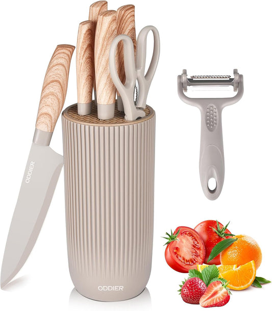 Knife Set, 8 Piece Kitchen Knife Set, Stainless Steel Knives Set for Kitchen, Universal Knife Block Set, Kitchen Kinfe Essentials, New Home Apartment Essentials, Dishwasher Safe (Khaki Wood-Grain)
