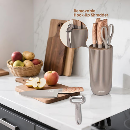 Knife Set, 8 Piece Kitchen Knife Set, Stainless Steel Knives Set for Kitchen, Universal Knife Block Set, Kitchen Kinfe Essentials, New Home Apartment Essentials, Dishwasher Safe (Khaki Wood-Grain)