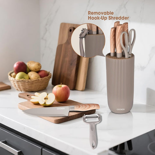 Knife Set, 8 Piece Kitchen Knife Set, Stainless Steel Knives Set for Kitchen, Universal Knife Block Set, Kitchen Kinfe Essentials, New Home Apartment Essentials, Dishwasher Safe (Khaki Wood-Grain)