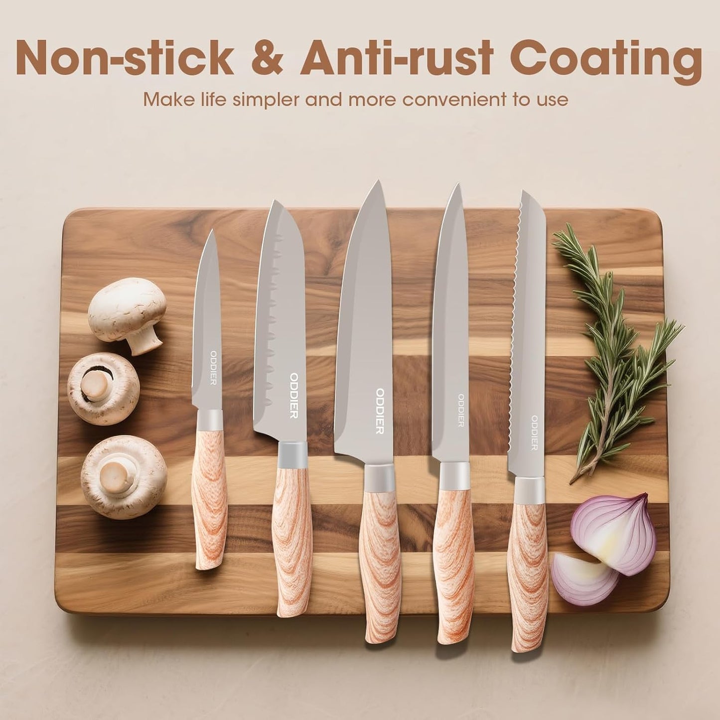 Knife Set, 8 Piece Kitchen Knife Set, Stainless Steel Knives Set for Kitchen, Universal Knife Block Set, Kitchen Kinfe Essentials, New Home Apartment Essentials, Dishwasher Safe (Khaki Wood-Grain)
