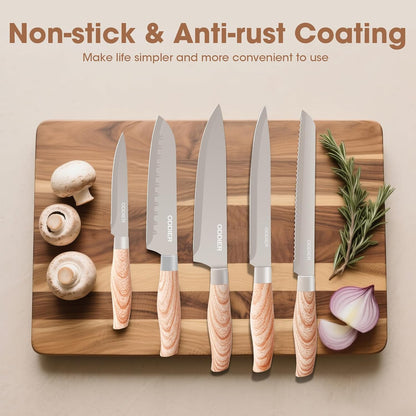 Knife Set, 8 Piece Kitchen Knife Set, Stainless Steel Knives Set for Kitchen, Universal Knife Block Set, Kitchen Kinfe Essentials, New Home Apartment Essentials, Dishwasher Safe (Khaki Wood-Grain)