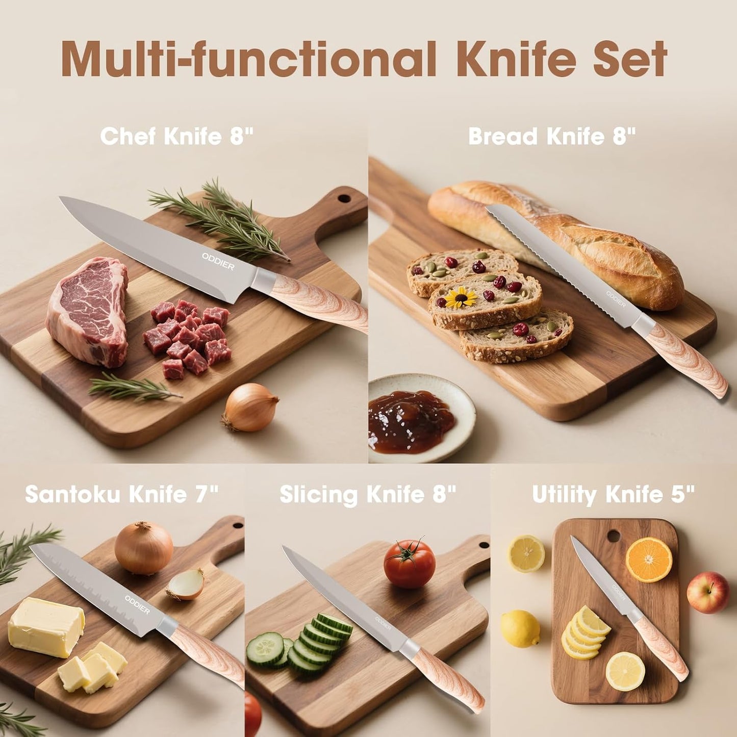 Knife Set, 8 Piece Kitchen Knife Set, Stainless Steel Knives Set for Kitchen, Universal Knife Block Set, Kitchen Kinfe Essentials, New Home Apartment Essentials, Dishwasher Safe (Khaki Wood-Grain)