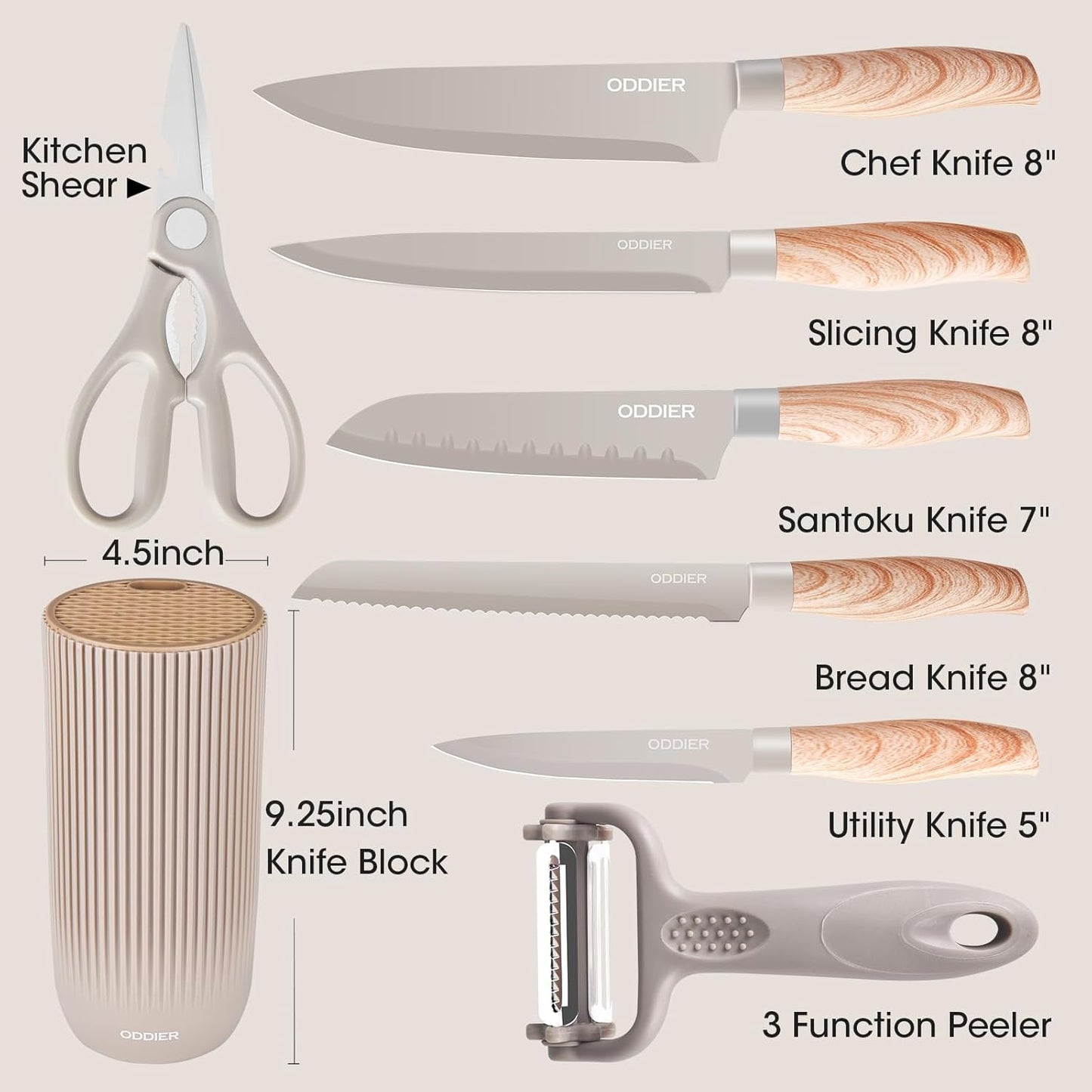 Knife Set, 8 Piece Kitchen Knife Set, Stainless Steel Knives Set for Kitchen, Universal Knife Block Set, Kitchen Kinfe Essentials, New Home Apartment Essentials, Dishwasher Safe (Khaki Wood-Grain)