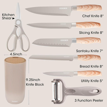 Knife Set, 8 Piece Kitchen Knife Set, Stainless Steel Knives Set for Kitchen, Universal Knife Block Set, Kitchen Kinfe Essentials, New Home Apartment Essentials, Dishwasher Safe (Khaki Wood-Grain)