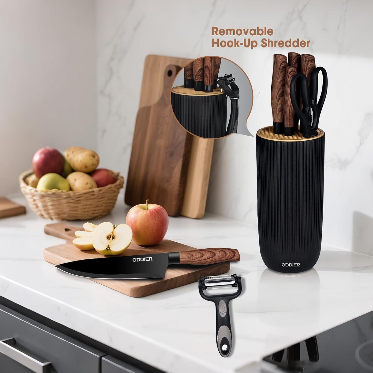 Knife Set, 8 Piece Kitchen Knife Set, Stainless Steel Knives Set for Kitchen, Universal Knife Block Set, Kitchen Kinfe Essentials, New Home Apartment Essentials, Dishwasher Safe (Khaki Wood-Grain)