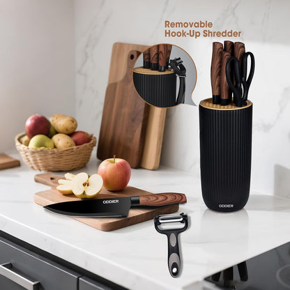 Knife Set, 8 Piece Kitchen Knife Set, Stainless Steel Knives Set for Kitchen, Universal Knife Block Set, Kitchen Kinfe Essentials, New Home Apartment Essentials, Dishwasher Safe (Khaki Wood-Grain)