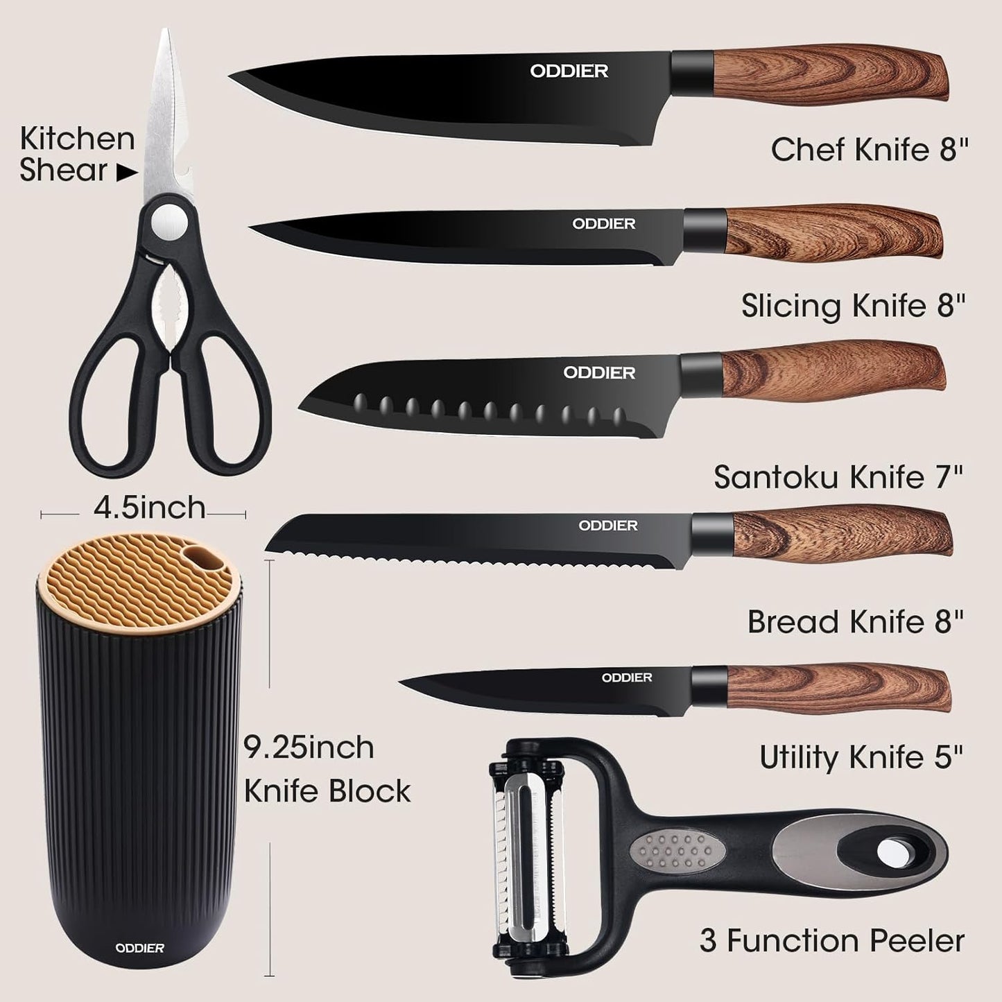 Knife Set, 8 Piece Kitchen Knife Set, Stainless Steel Knives Set for Kitchen, Universal Knife Block Set, Kitchen Kinfe Essentials, New Home Apartment Essentials, Dishwasher Safe (Khaki Wood-Grain)