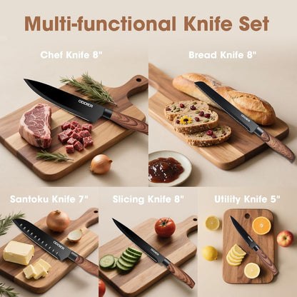 Knife Set, 8 Piece Kitchen Knife Set, Stainless Steel Knives Set for Kitchen, Universal Knife Block Set, Kitchen Kinfe Essentials, New Home Apartment Essentials, Dishwasher Safe (Khaki Wood-Grain)