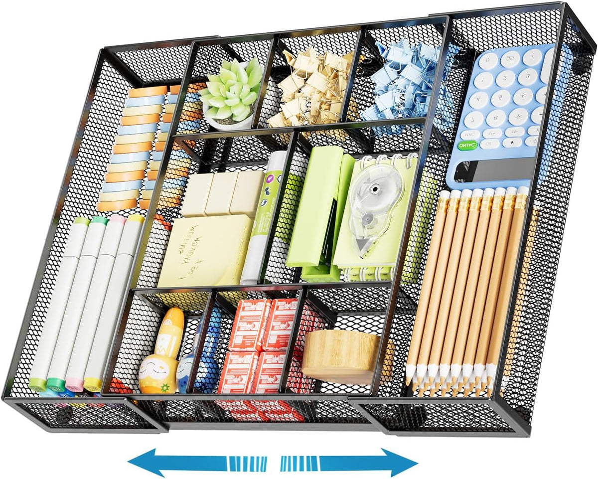 Expandable Desk Drawer Organizer, Mesh Drawer Organizer Tray with 10 Adjustable Compartments, Desk Organizers and Accessories, 5 Dividers Drawer for Office Supplies, Makeup & Vanity (Black)