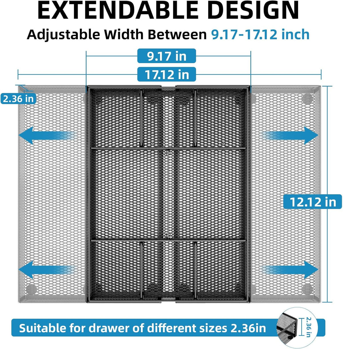 Expandable Desk Drawer Organizer, Mesh Drawer Organizer Tray with 10 Adjustable Compartments, Desk Organizers and Accessories, 5 Dividers Drawer for Office Supplies, Makeup & Vanity (Black)