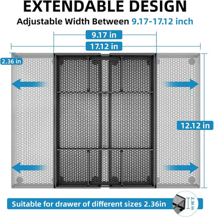 Expandable Desk Drawer Organizer, Mesh Drawer Organizer Tray with 10 Adjustable Compartments, Desk Organizers and Accessories, 5 Dividers Drawer for Office Supplies, Makeup & Vanity (Black)