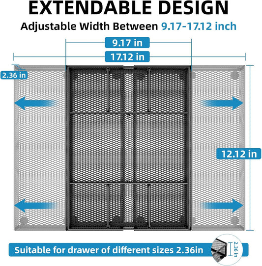 Expandable Desk Drawer Organizer, Mesh Drawer Organizer Tray with 10 Adjustable Compartments, Desk Organizers and Accessories, 5 Dividers Drawer for Office Supplies, Makeup & Vanity (Black)