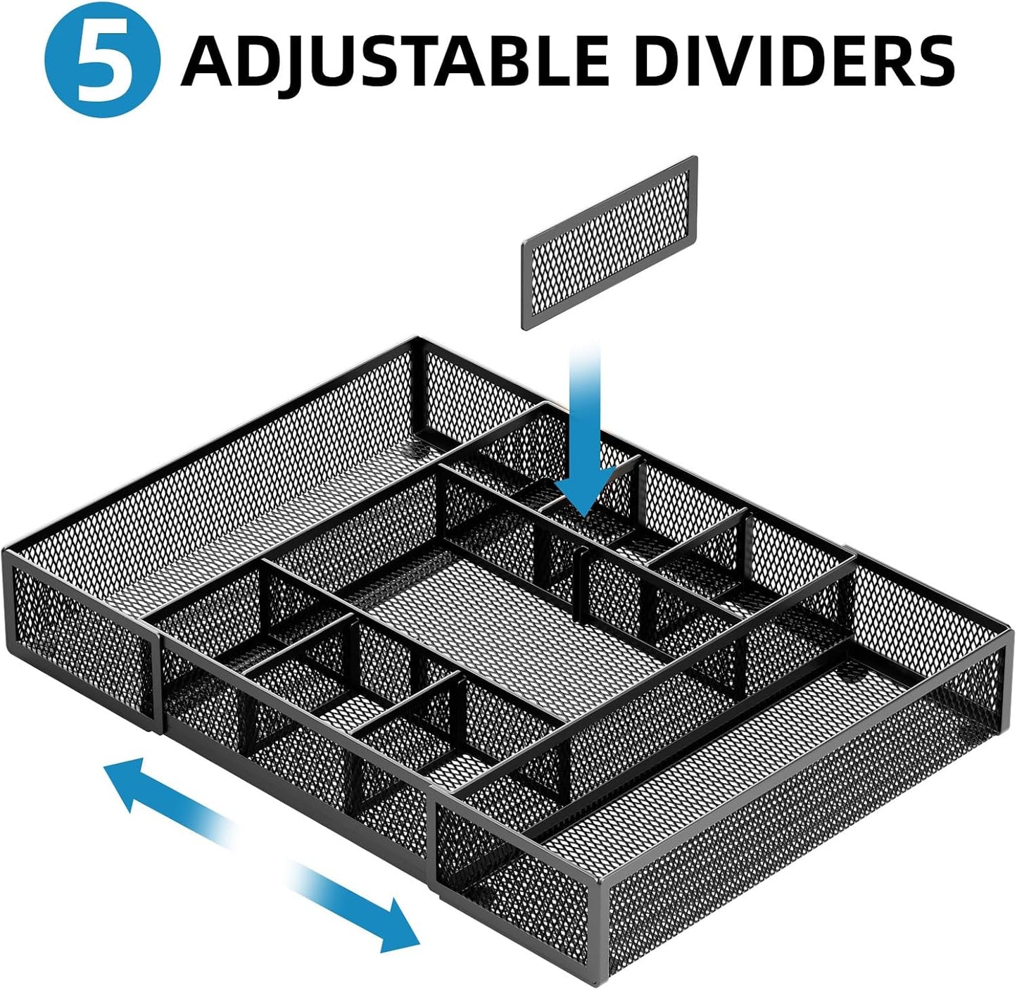 Expandable Desk Drawer Organizer, Mesh Drawer Organizer Tray with 10 Adjustable Compartments, Desk Organizers and Accessories, 5 Dividers Drawer for Office Supplies, Makeup & Vanity (Black)