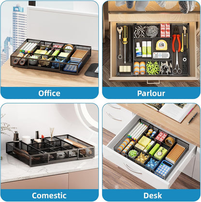 Expandable Desk Drawer Organizer, Mesh Drawer Organizer Tray with 10 Adjustable Compartments, Desk Organizers and Accessories, 5 Dividers Drawer for Office Supplies, Makeup & Vanity (Black)