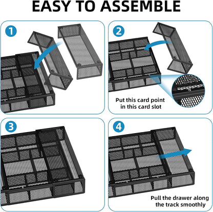 Expandable Desk Drawer Organizer, Mesh Drawer Organizer Tray with 10 Adjustable Compartments, Desk Organizers and Accessories, 5 Dividers Drawer for Office Supplies, Makeup & Vanity (Black)