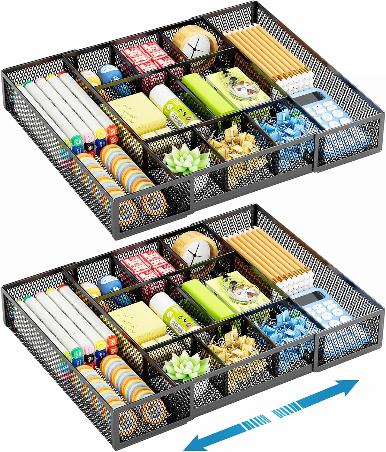 Expandable Desk Drawer Organizer, Mesh Drawer Organizer Tray with 10 Adjustable Compartments, Desk Organizers and Accessories, 5 Dividers Drawer for Office Supplies, Makeup & Vanity (Black)
