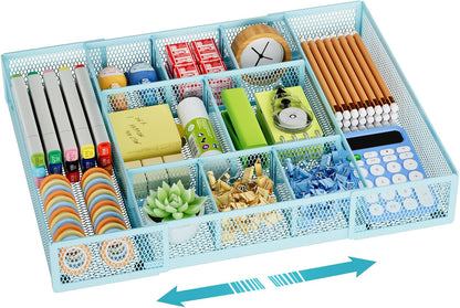 Expandable Desk Drawer Organizer, Mesh Drawer Organizer Tray with 10 Adjustable Compartments, Desk Organizers and Accessories, 5 Dividers Drawer for Office Supplies, Makeup & Vanity (Black)