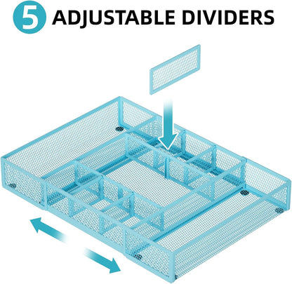 Expandable Desk Drawer Organizer, Mesh Drawer Organizer Tray with 10 Adjustable Compartments, Desk Organizers and Accessories, 5 Dividers Drawer for Office Supplies, Makeup & Vanity (Black)