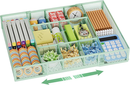 Expandable Desk Drawer Organizer, Mesh Drawer Organizer Tray with 10 Adjustable Compartments, Desk Organizers and Accessories, 5 Dividers Drawer for Office Supplies, Makeup & Vanity (Black)