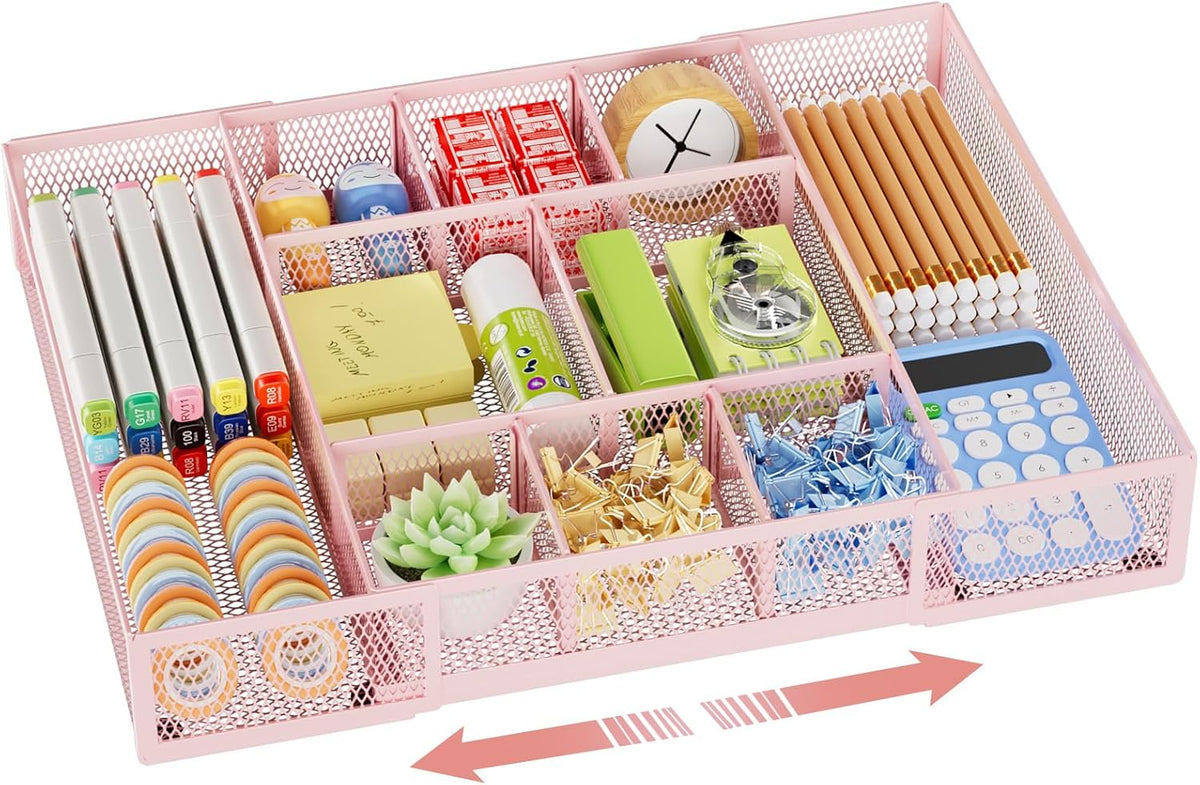 Expandable Desk Drawer Organizer, Mesh Drawer Organizer Tray with 10 Adjustable Compartments, Desk Organizers and Accessories, 5 Dividers Drawer for Office Supplies, Makeup & Vanity (Black)