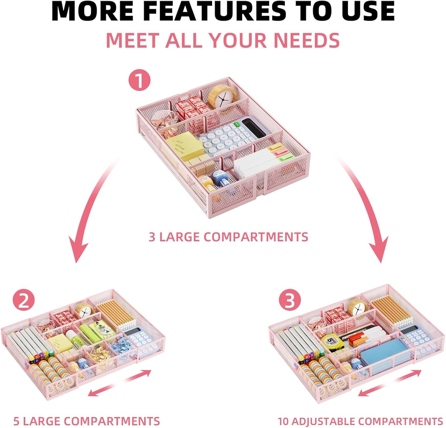 Expandable Desk Drawer Organizer, Mesh Drawer Organizer Tray with 10 Adjustable Compartments, Desk Organizers and Accessories, 5 Dividers Drawer for Office Supplies, Makeup & Vanity (Black)