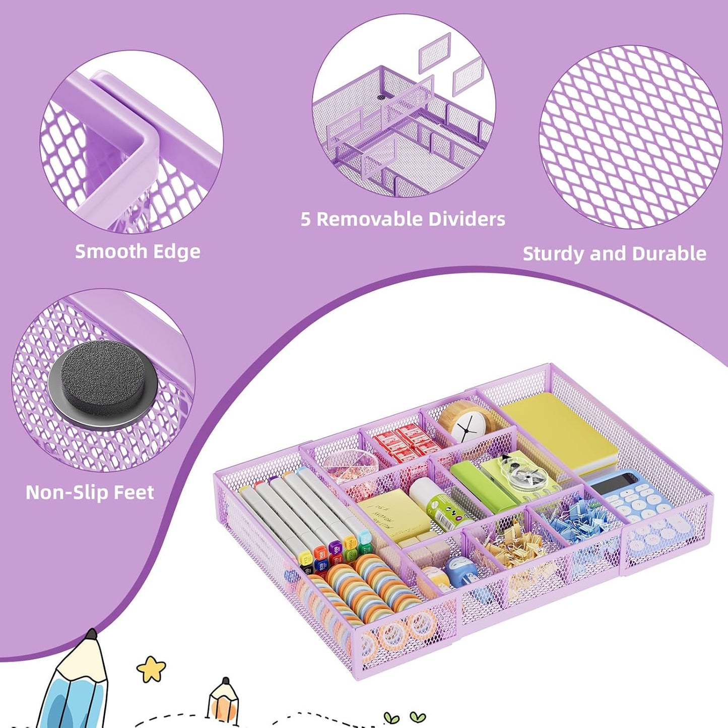 Expandable Desk Drawer Organizer, Mesh Drawer Organizer Tray with 10 Adjustable Compartments, Desk Organizers and Accessories, 5 Dividers Drawer for Office Supplies, Makeup & Vanity (Black)