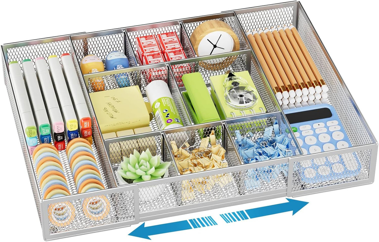 Expandable Desk Drawer Organizer, Mesh Drawer Organizer Tray with 10 Adjustable Compartments, Desk Organizers and Accessories, 5 Dividers Drawer for Office Supplies, Makeup & Vanity (Black)