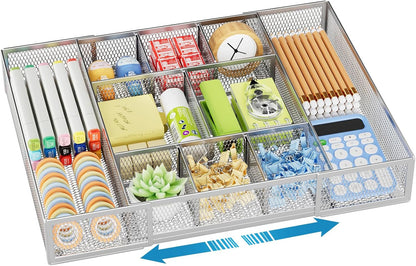 Expandable Desk Drawer Organizer, Mesh Drawer Organizer Tray with 10 Adjustable Compartments, Desk Organizers and Accessories, 5 Dividers Drawer for Office Supplies, Makeup & Vanity (Black)